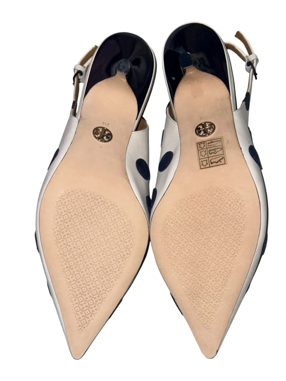 Tory Burch White Slingback Heels with Navy Polka Dots